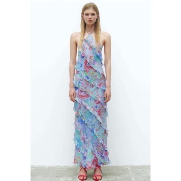 Zara ruffle printed halter midi Dress NEW - Picture 6 of 14